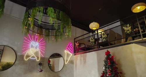 Eclectic Interior And Design In Restaurant In New Year Christmas Vacation Decorations In Cozy Cafe
