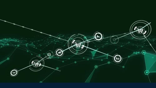 Animation of network of connections with online shopping icons over glowing green light trails