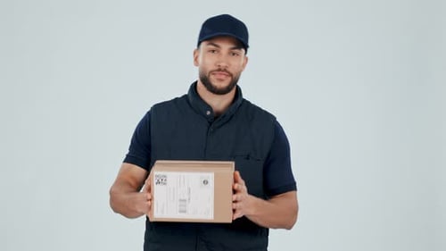 Smiling Man Presents a Shipping Package