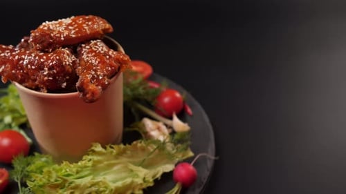 Chicken Wings Doused in Sauce Swirl in a Paper Bucket