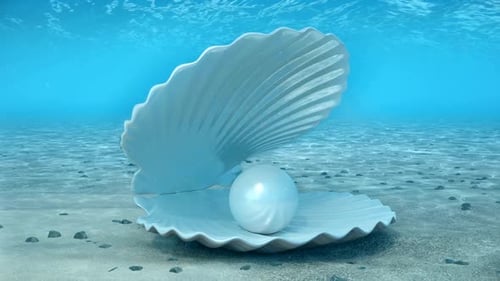 Pearl in an open seashell on the ocean floor