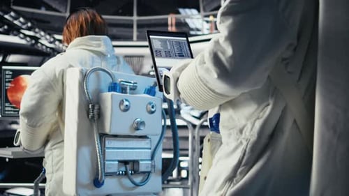 Close Up of Astronaut Using Tablet to Check Logs After Completing Mars Mission