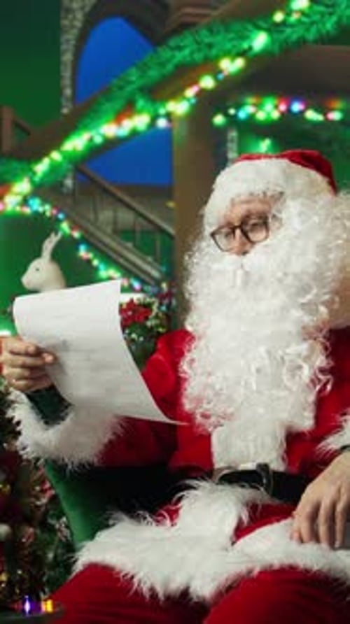 Vertical Video Tired Man Dressed As Santa Claus Falling Asleep While Reading Letters From Kids
