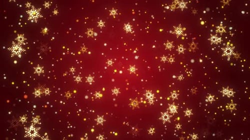 Flocon de neige doré tombant sur fond rouge dégradé. Fond de Noël : flocons de neige tombant
.