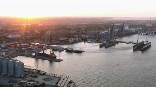Drone View of Urban Sea Port with Grain Terminals