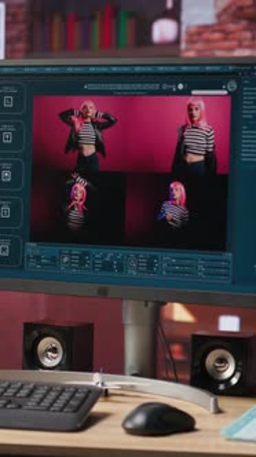 Monitor Displaying Images of Young Adult Woman