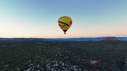 Hot Air Balloon Ride Over Sedona, Arizona At Sunrise - aerial drone shot