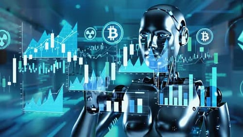 3D Scene of AI Robot Analyzing Stock Market for Fintech