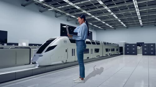 Woman Engineer Celebrating Rail Transport Innovation with Laptop