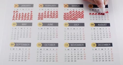 Hand Crossing Out Dates on Twelve Month Calendar