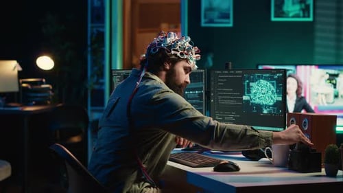 Engineer with EEG Headset on Merging with Artificial Intelligence