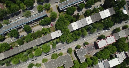 Aerial birds eye shot over suburban homes in the Little Burgundy district of Montreal