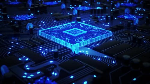 Elektronen, die in einer 4K-Animation um eine CPU auf einer Leiterplatte fließen