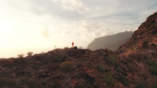 Hiker standing on a rocky mountain ridge at sunset overlooking ocean with Los Gigantes cliffs on the
