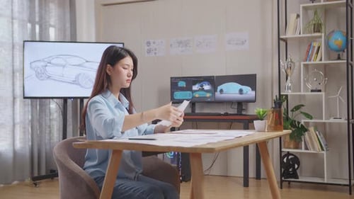 Asian Female Organizing Papers While Working About Car Design Sketch On Table In The Studio