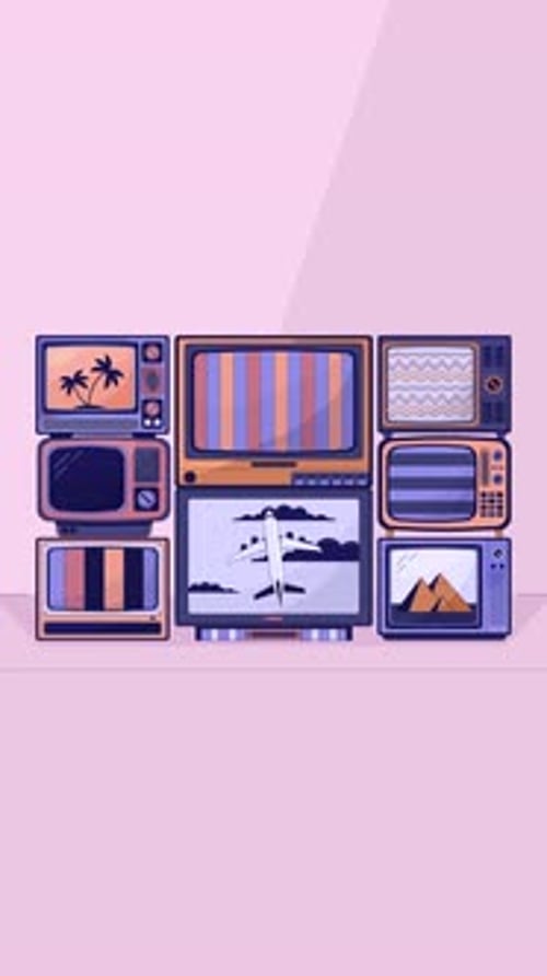 Stacked retro televisions displaying travel and static glitch lofi vertical animation