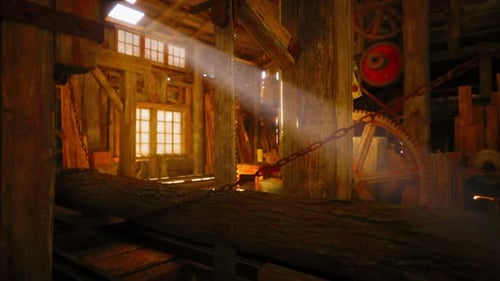 Rustic Wooden Mill Interior with Sunlight Streaming Through Windows