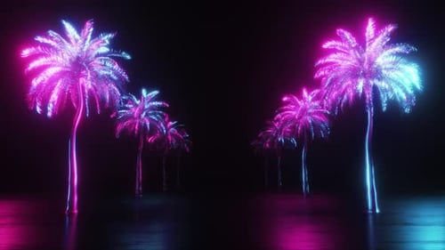 Neon Glowing S Ynthwave Palm Trees And Reflected Surface Loop