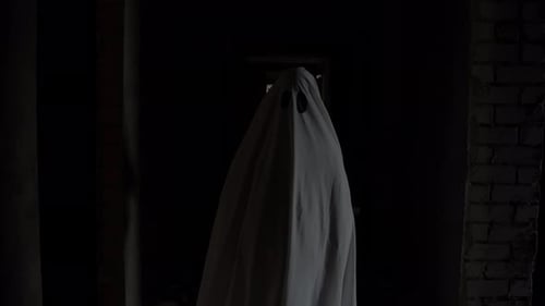 Ghost standing in dark creepy ruined building at night