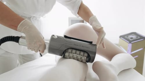 Cosmetologist Massages Patient's Leg with Roller