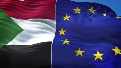 Sudan and European Union Flags Waving Together