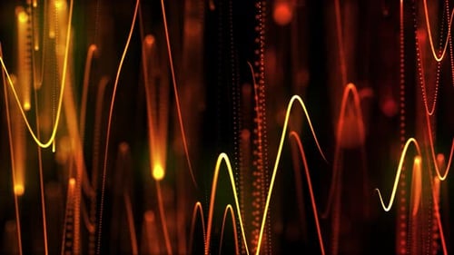 Smooth movement of neon light along fluorescent threads and wires on a red and yellow background. Or