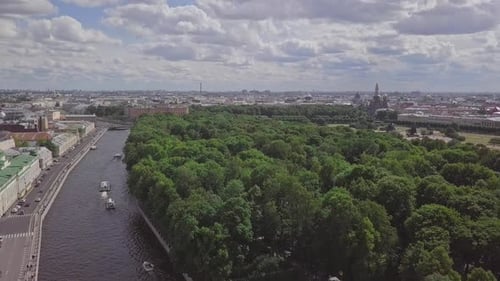 Summer Garden, an aerial drone footage of a park with boats in a river, Church of Savior on Blood, C