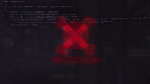 Watcher parle de Hacker Vh Skull Pirates et d'un symbole de cyberattaque avec glitch