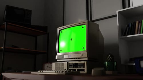 Old Computer With Green Chroma Key Screen, Desktop Pc. Retro Room Rotation Animation