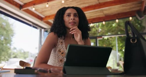 Remote work, idea and woman with tablet in cafe for freelance job, feedback and digital report