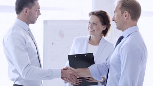 Businessmen shaking hands in agreement after successful negotiation in office