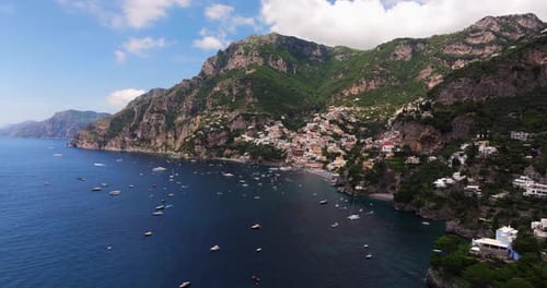 Cinematic Establishing Drone Shot Above Positano, Amalfi Coast. Italian Tourist Destination