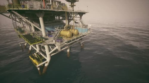 Offshore Structure Surrounded By Churning Sea Under Moody Sky at Sunset