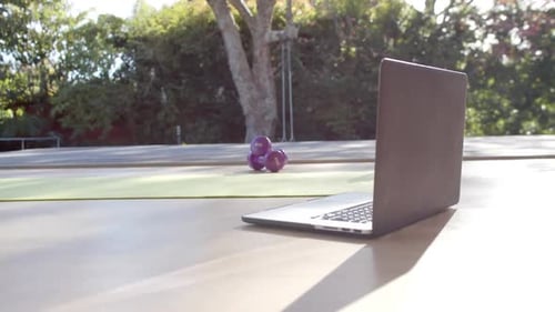 Close up of yoga mat, laptop, bottle with juice and weights on floor at sunny home, slow motion