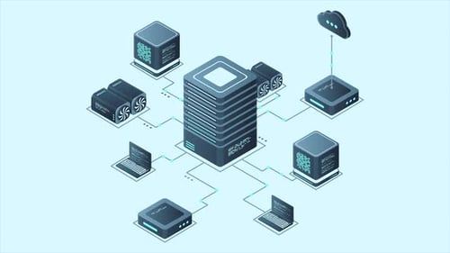 Animation informatique isométrique. Calcul d'un grand centre de données. Informatique en nuage