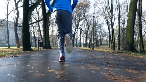 Young man jogging in autumn park super slow motion on a sunny day