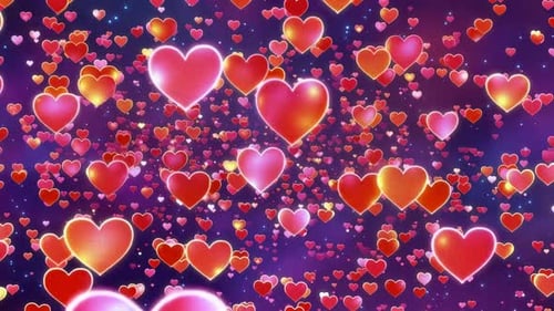 Glowing Red Hearts Flying Towards Camera Background