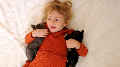 Child with Kittens Cuddling on White Blanket