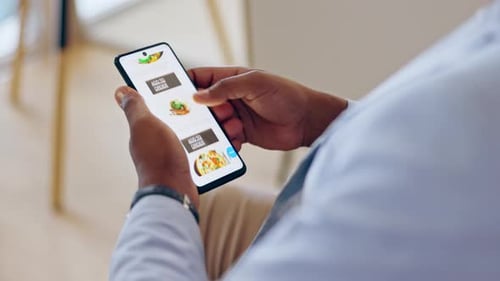 Cellphone screen, hands and online shopping for food in office, ordering or web browsing for choice