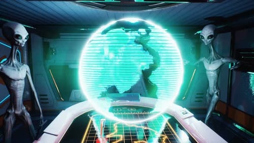 Aliens Interacting with Holographic Earth Globe in Futuristic Control Room
