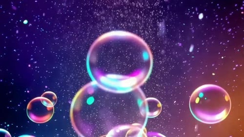 Aufwärts schwebende Regenbogen-Seifenblasen mit funkelnden Partikeln