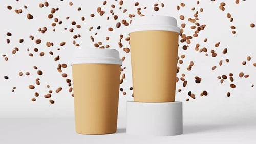 Paper coffee cup white lid flying beans podium 3D animation Coffee shop discount demonstration 4K