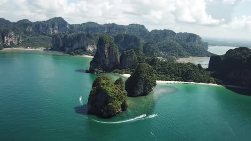 Exotic Tropical Destination, Majestic Aerial View on Lagoon, Seacliffs and Boats in Turquoise Water,