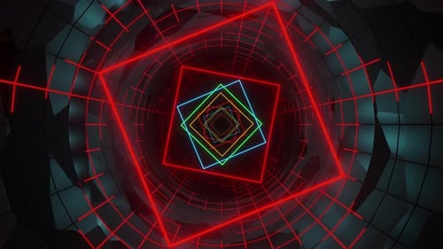 Multicolored neon squares glowing in tunnel. Looped animation