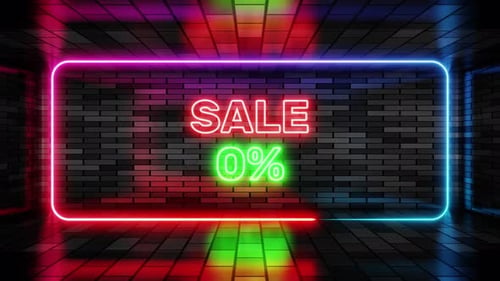 Dynamic Neon Sale Percentage Sign on Dark Brick Wall
