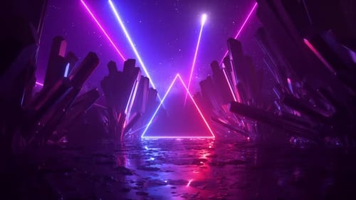 marco triangular de neón que avanza a través de la fantástica escena nocturna con cristales