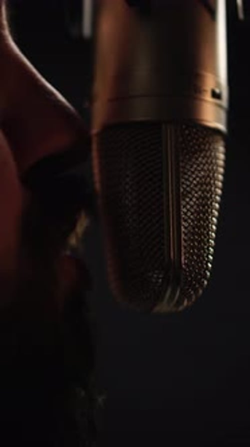 Vertical, Man With Bead, Podcast or Radio Host Talking in Front of Microphone