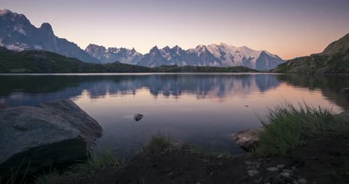 Sunset seen from lake des Cheserys, Chamonix. Mont blanc catching light at sunset with perfect refle