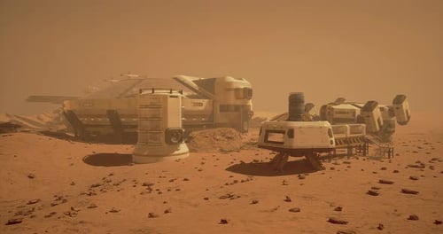 Mars Research Station with Futuristic Habitats and Equipment Under Dusty Skies