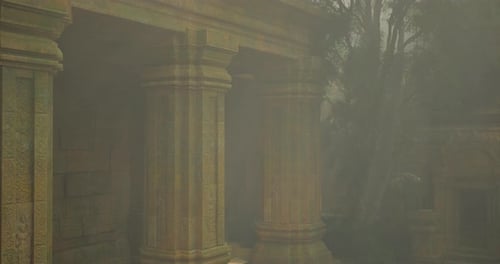 Ruines brumeuses d'un ancien temple au milieu d'une végétation luxuriante dans un cadre serein